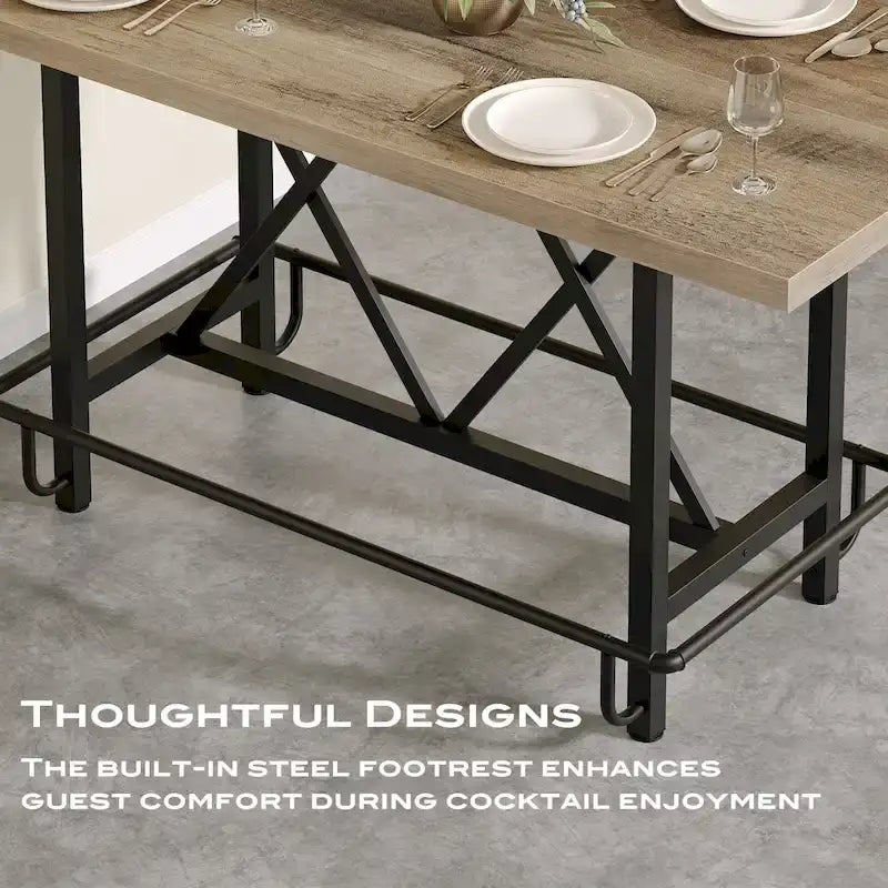 Table de bar haute 6 personnes avec repose-pieds, Table de bar haute avec plateau en bois épais et cadre métallique pour la maison/cuisine