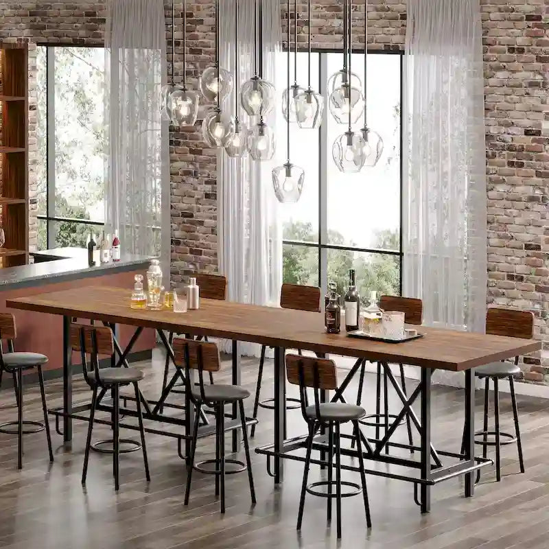 Table de bar haute 6 personnes avec repose-pieds, Table de bar haute avec plateau en bois épais et cadre métallique pour la maison/cuisine