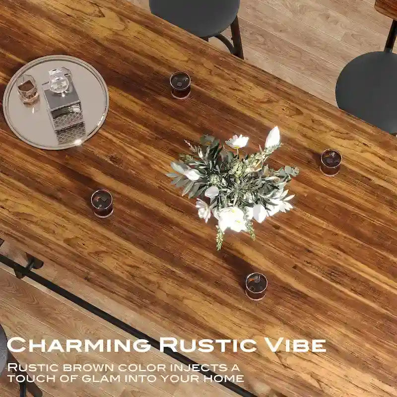 Table de bar haute 6 personnes avec repose-pieds, Table de bar haute avec plateau en bois épais et cadre métallique pour la maison/cuisine