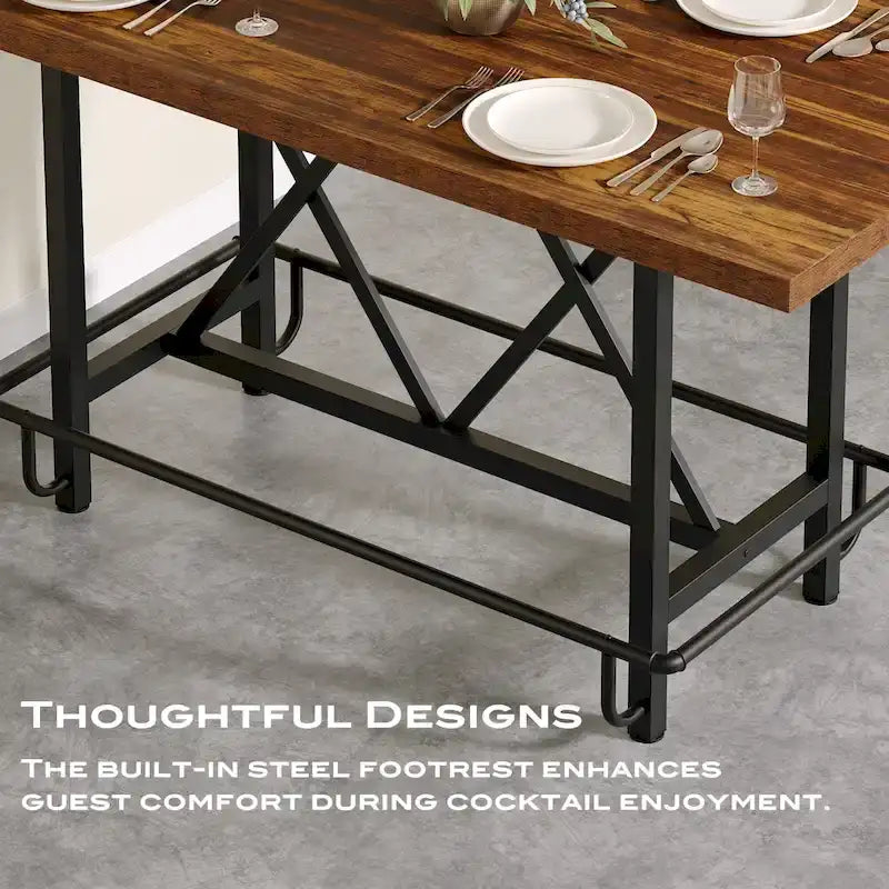 Table de bar haute 6 personnes avec repose-pieds, Table de bar haute avec plateau en bois épais et cadre métallique pour la maison/cuisine