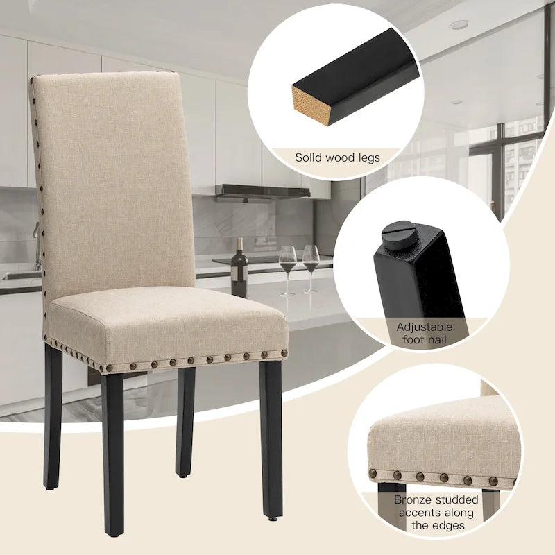 Lot de 2 chaises de salle à manger hautes en lin de 96,5 cm, cloutées, assise rembourrée, patins antidérapants