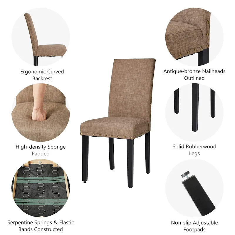 Lot de 2 chaises de salle à manger hautes en lin de 96,5 cm, cloutées, assise rembourrée, patins antidérapants