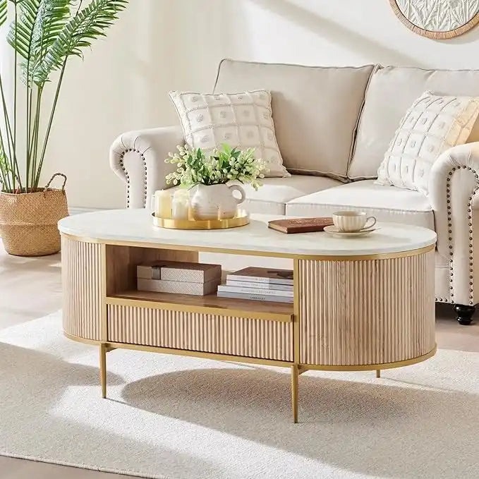 Table basse moderne de luxe à panneaux cannelés, table d'appoint avec plateau en faux marbre