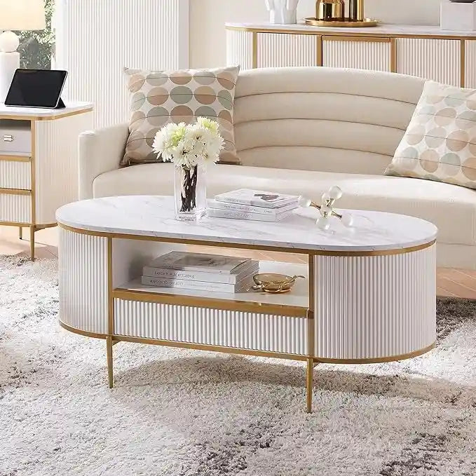 Table basse moderne de luxe à panneaux cannelés, table d'appoint avec plateau en faux marbre