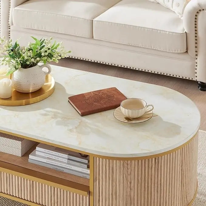 Table basse moderne de luxe à panneaux cannelés, table d'appoint avec plateau en faux marbre