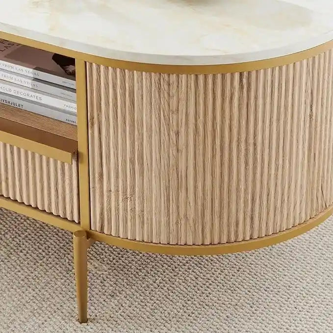 Table basse moderne de luxe à panneaux cannelés, table d'appoint avec plateau en faux marbre