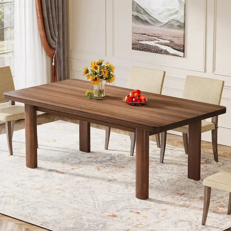 Table de salle à manger de ferme de 63 po pour 4-6 personnes, plateau en MDF + pieds en bois massif, brun rustique, multi-usage