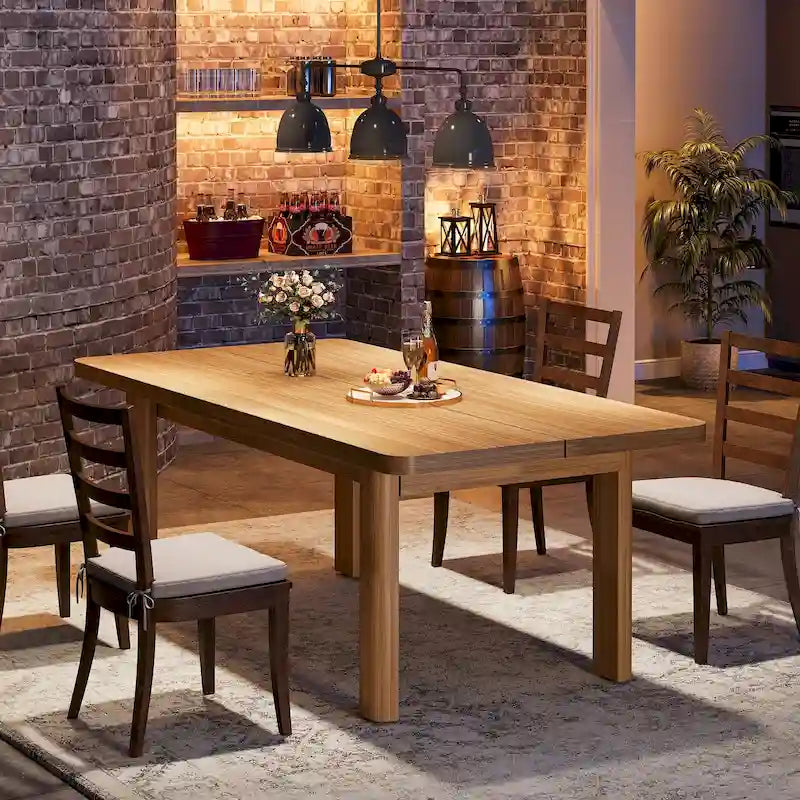 Table de salle à manger de ferme de 63 po pour 4-6 personnes, plateau en MDF + pieds en bois massif, brun rustique, multi-usage