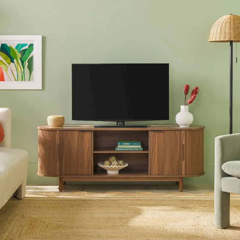 Meuble TV cannelé de 60" avec bords arrondis, style moderne, meuble de rangement multimédia