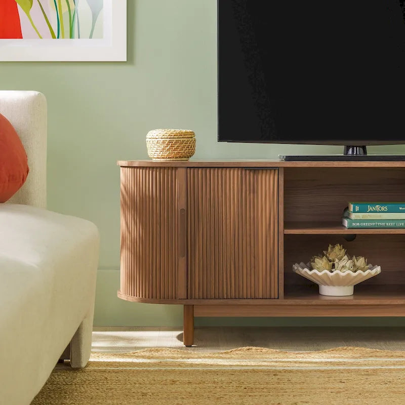 Meuble TV cannelé de 60" avec bords arrondis, style moderne, meuble de rangement multimédia