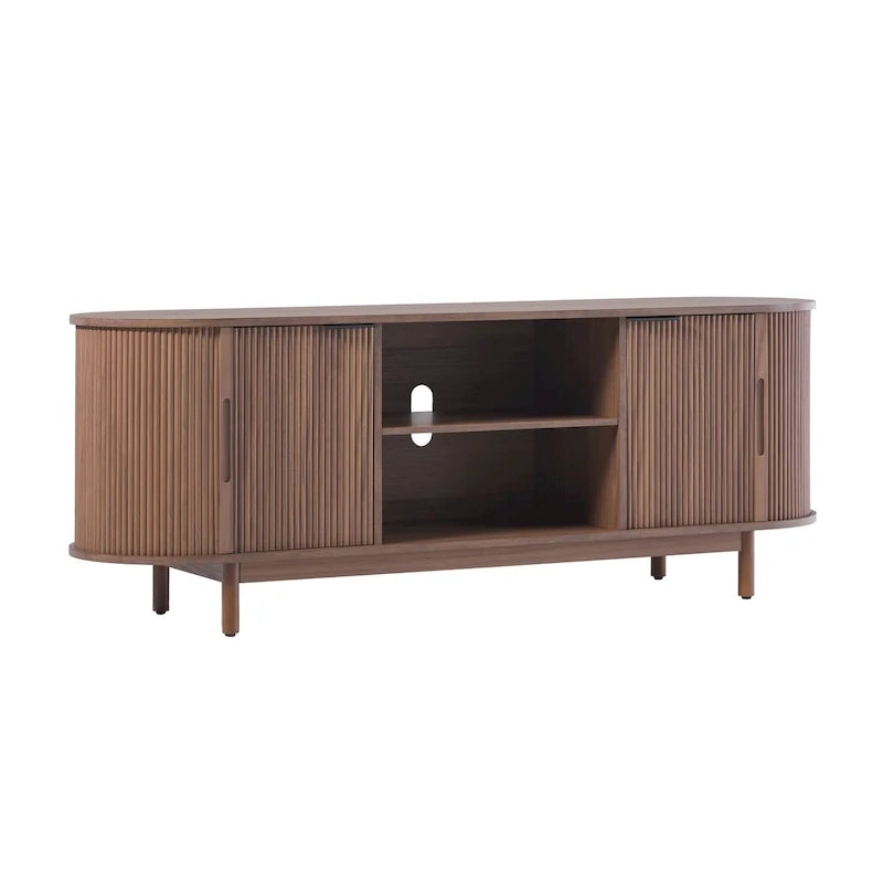 Meuble TV cannelé de 60" avec bords arrondis, style moderne, meuble de rangement multimédia