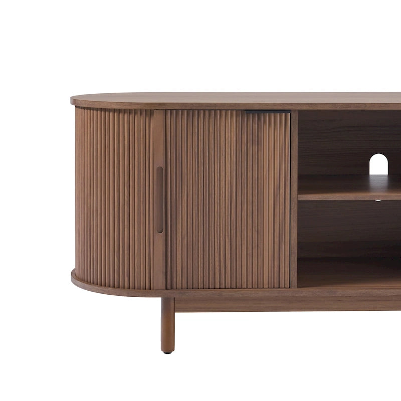 Meuble TV cannelé de 60" avec bords arrondis, style moderne, meuble de rangement multimédia