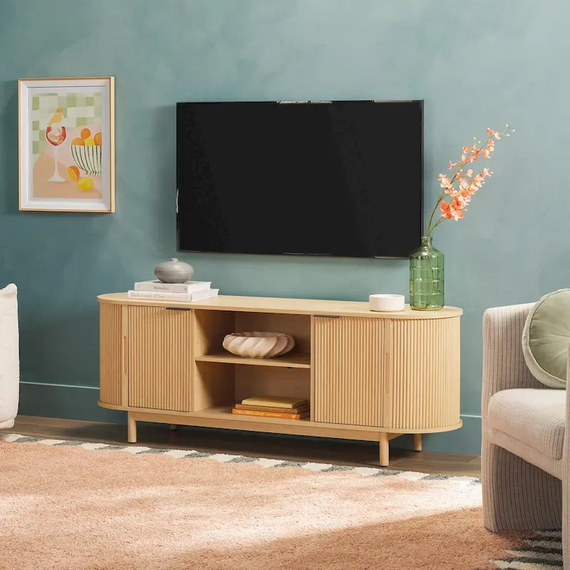 Meuble TV cannelé de 60" avec bords arrondis, style moderne, meuble de rangement multimédia