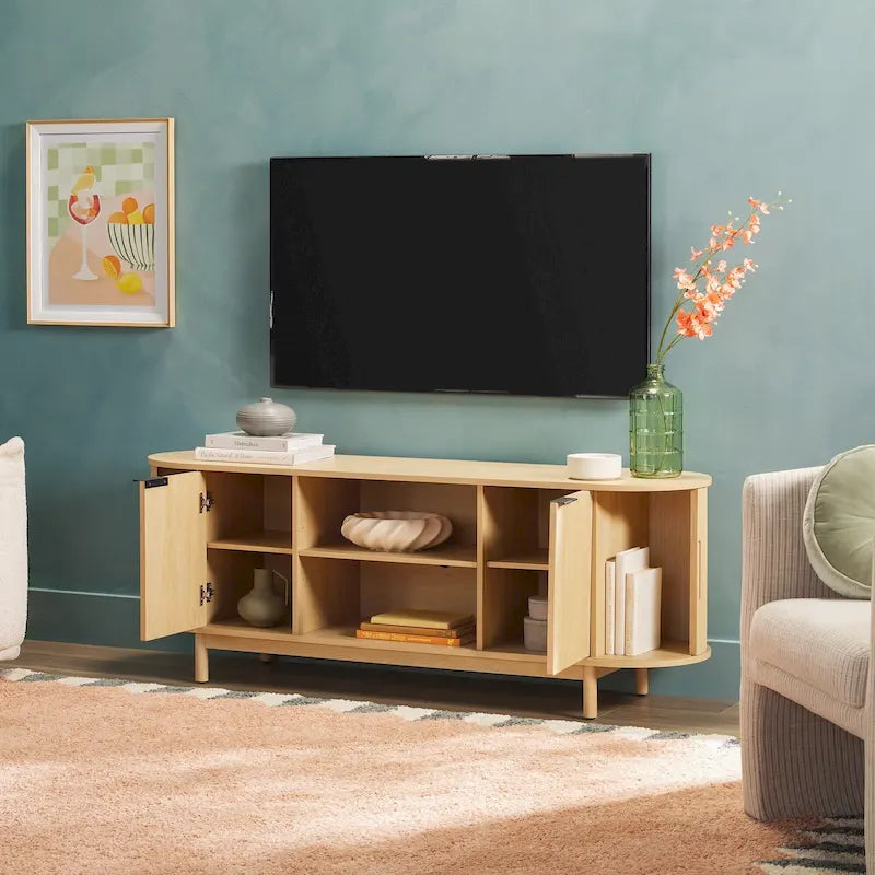 Meuble TV cannelé de 60" avec bords arrondis, style moderne, meuble de rangement multimédia