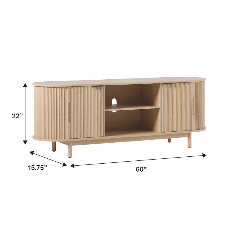 Meuble TV cannelé de 60" avec bords arrondis, style moderne, meuble de rangement multimédia