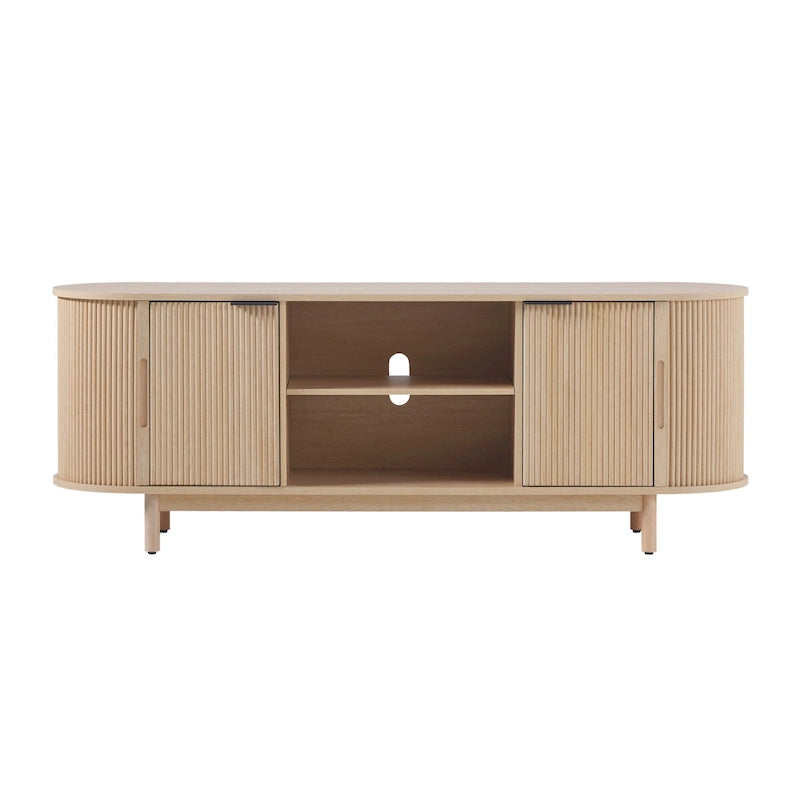 Meuble TV cannelé de 60" avec bords arrondis, style moderne, meuble de rangement multimédia