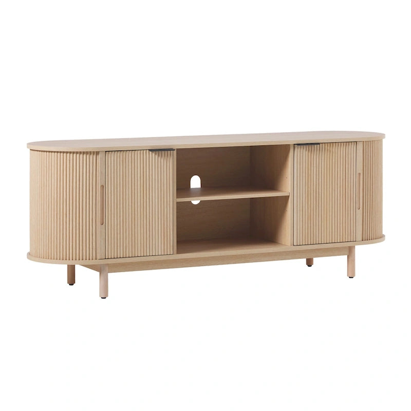 Meuble TV cannelé de 60" avec bords arrondis, style moderne, meuble de rangement multimédia