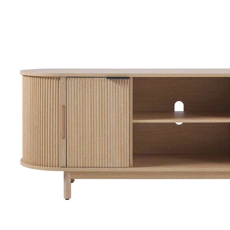 Meuble TV cannelé de 60" avec bords arrondis, style moderne, meuble de rangement multimédia