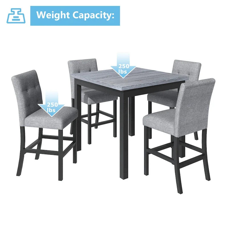 Ensemble de salle à manger 5 pièces hauteur comptoir, ensemble de table à manger en bois avec table rectangulaire et 4 chaises hautes rembourrées