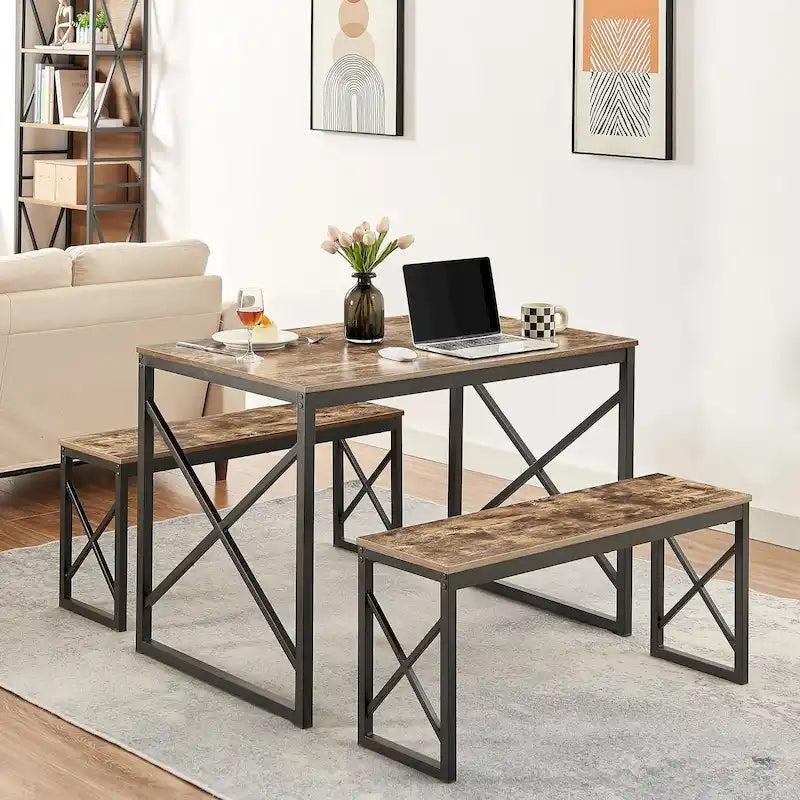 Table à manger 3 pièces VECELO avec banc, ensemble de table de salle à manger pour 4-6 personnes, table de cuisine avec 2 bancs, ensemble de table à manger