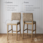 Tabouret de bar Beacon Bohemian Boucle, Chaise de comptoir rembourrée avec structure en bois massif et dossier en jonc de mer tressé