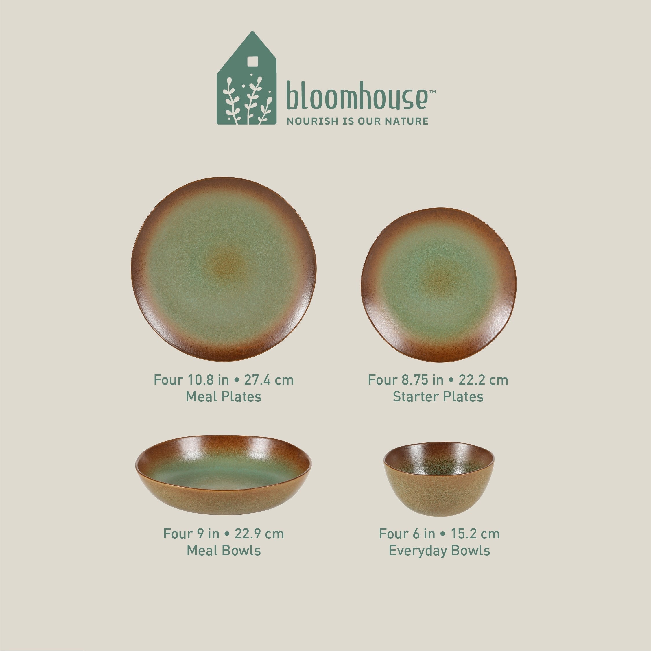 Ensemble de vaisselle Bloomhouse Palerme Soleil 16 pièces en grès à double bol avec glaçure réactive (assiettes et bols)