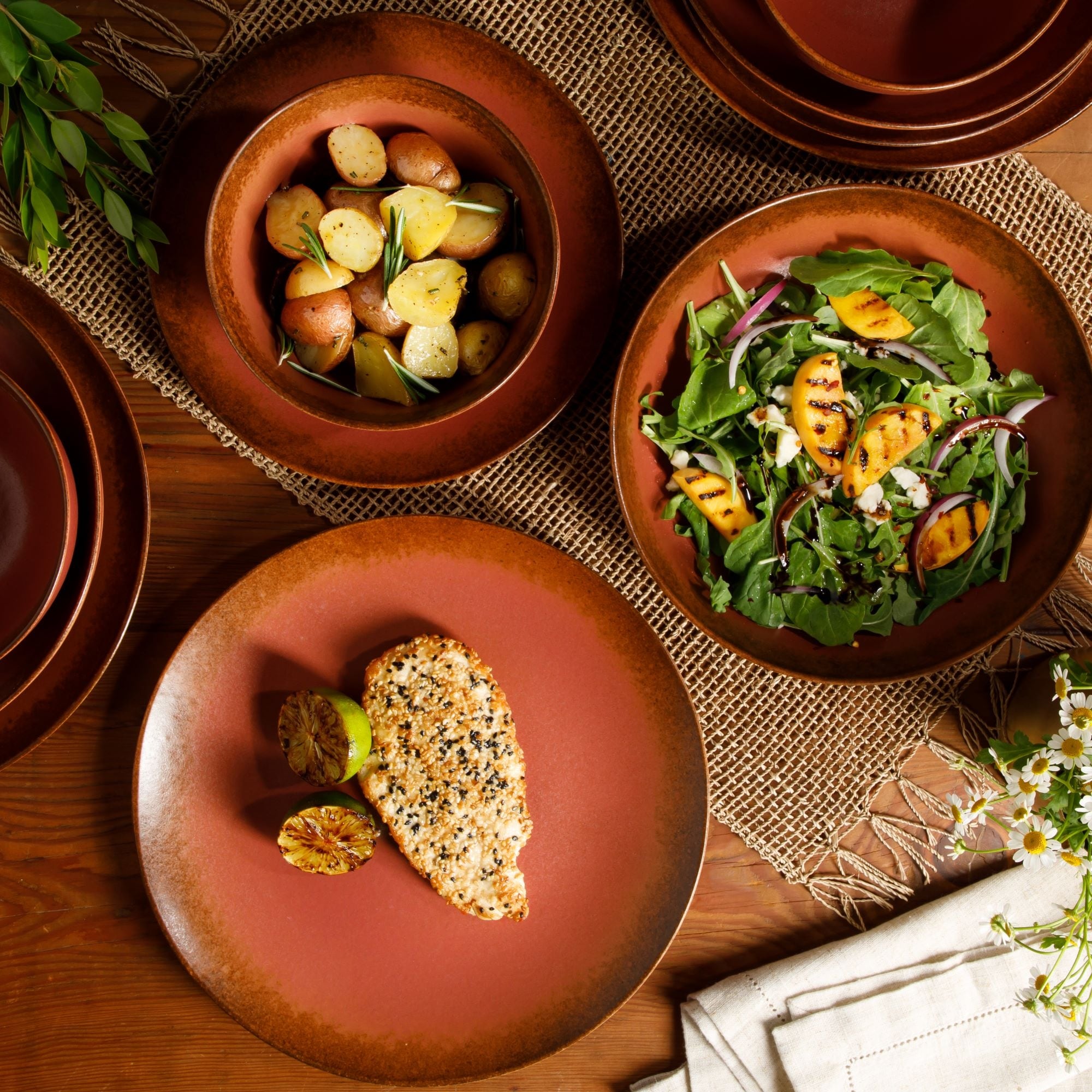 Ensemble de vaisselle Bloomhouse Palerme Soleil 16 pièces en grès à double bol avec glaçure réactive (assiettes et bols)