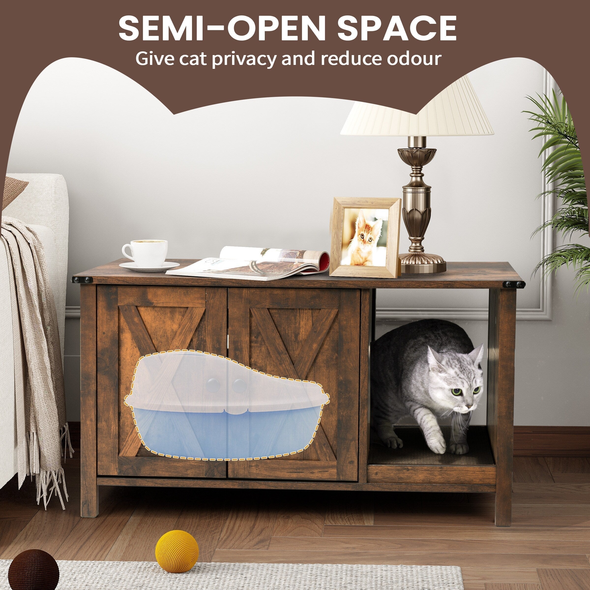 Meuble cache litière, meuble de toilettage pour chat en bois avec griffoir