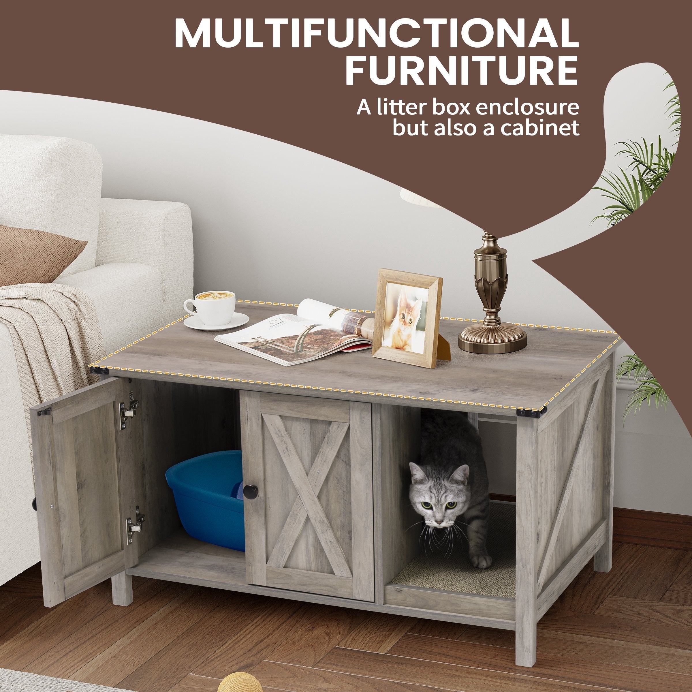 Meuble cache litière, meuble de toilettage pour chat en bois avec griffoir