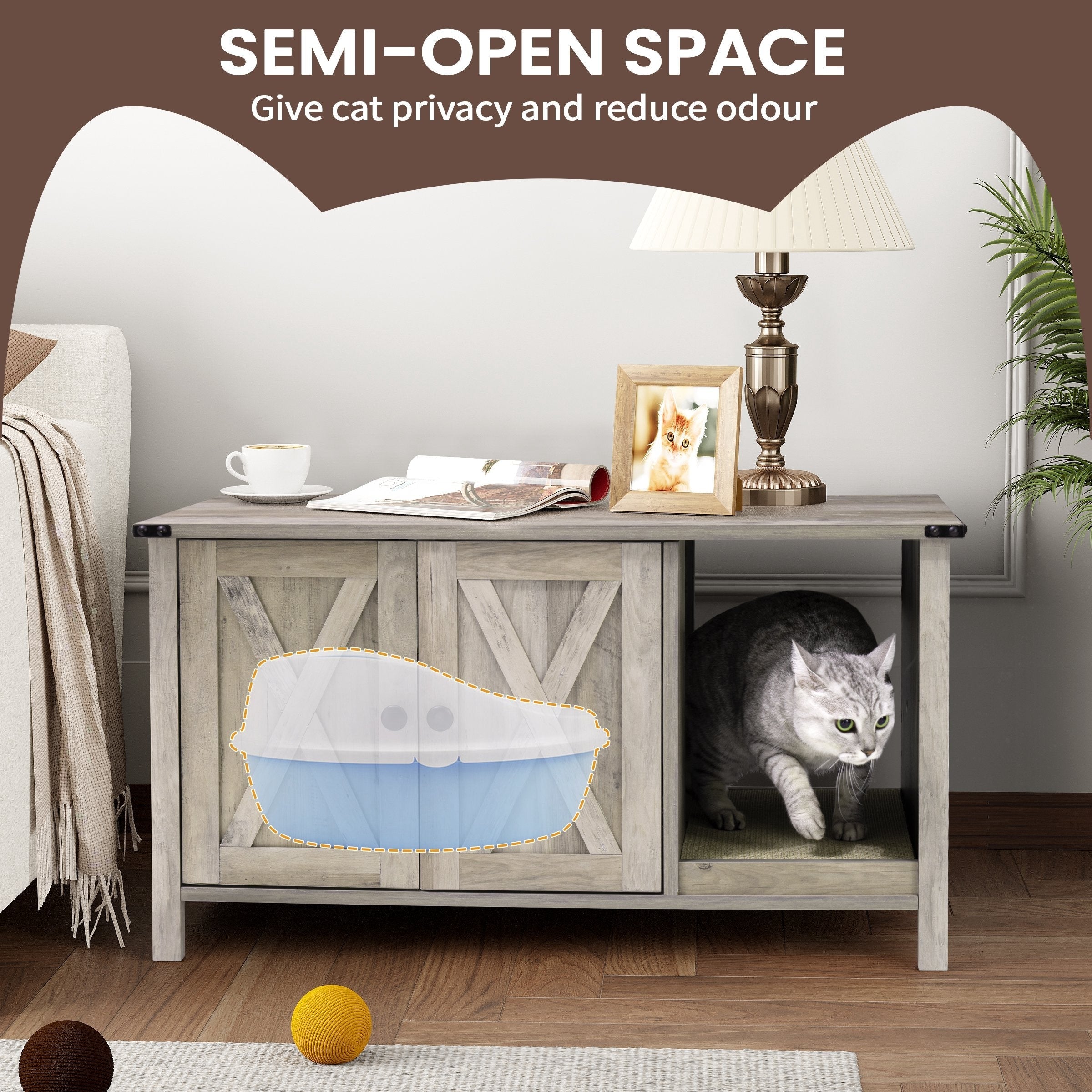 Meuble cache litière, meuble de toilettage pour chat en bois avec griffoir