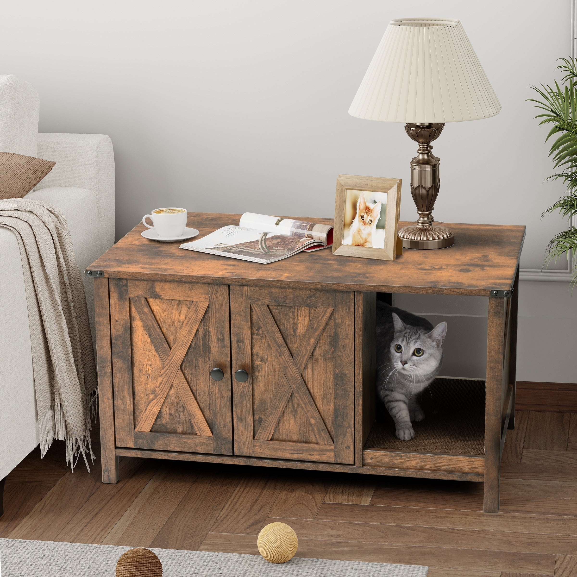 Meuble cache litière, meuble de toilettage pour chat en bois avec griffoir