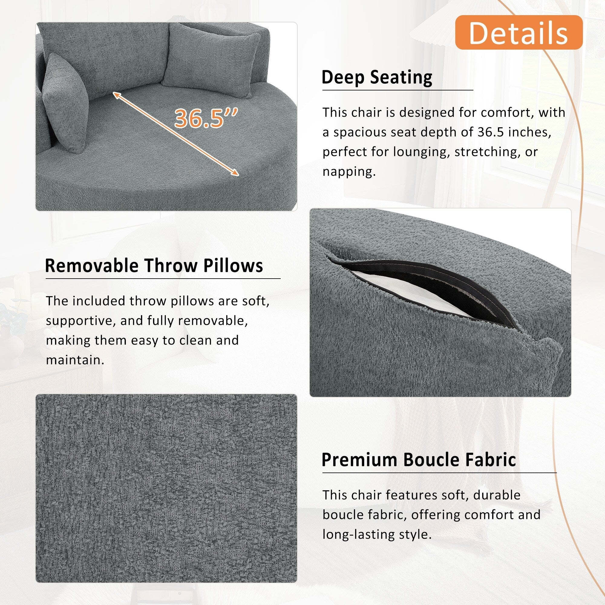 Fauteuil baril accent en chenille, Fauteuil de salon, Fauteuil rond avec base pivotante à 360 degrés et 3 coussins amovibles