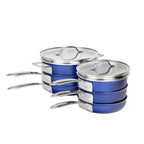 Batterie de cuisine antiadhésive Granitestone Blue Stackmaster 15 pièces avec couvercles en verre