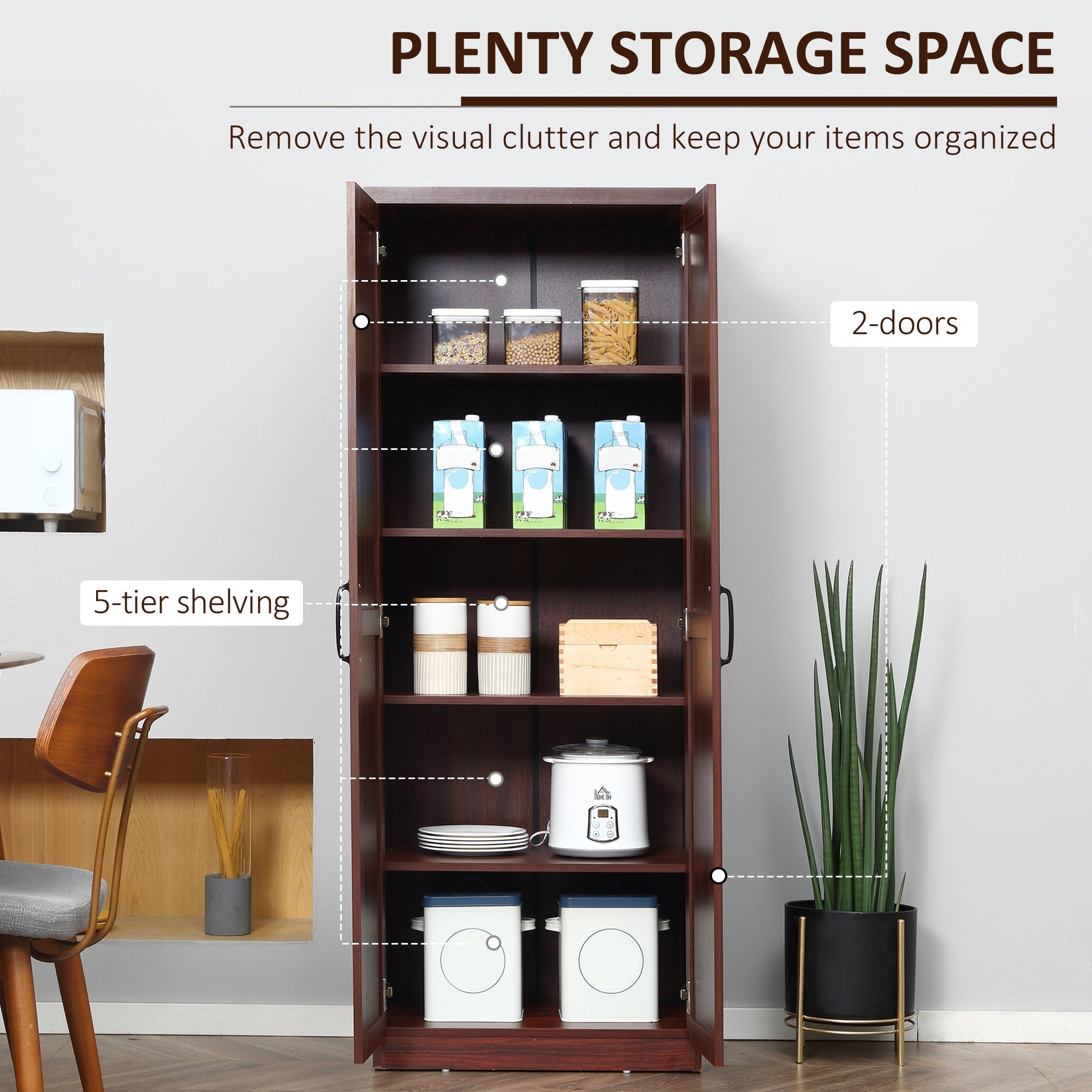 HOMCOM Garde-manger de cuisine 63 pouces à 2 portes, armoire de rangement autoportante avec 5 étagères et 2 étagères réglables pour salle à manger