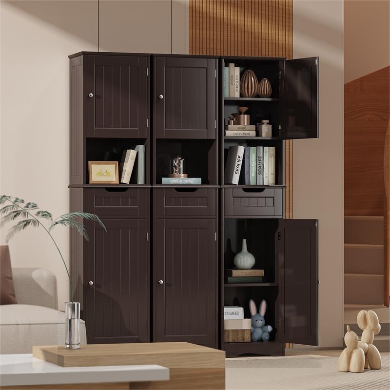 Meuble de rangement haut de salle de bain étroit de 170 cm, armoire autoportante en bois massif à 5 niveaux