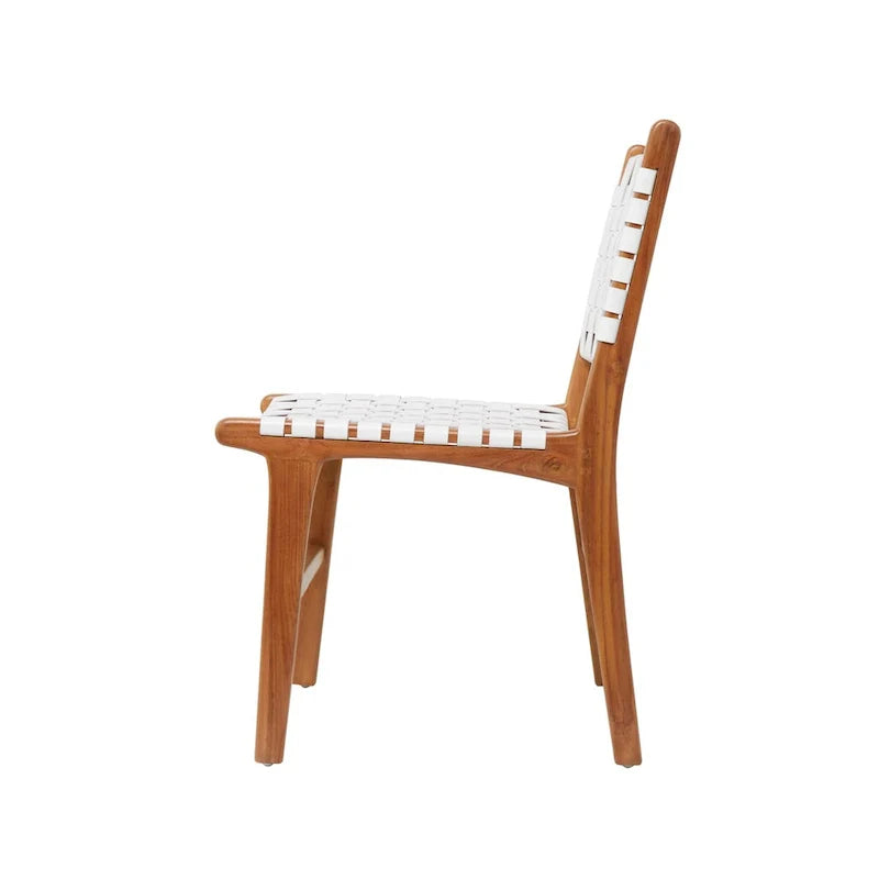 Chaises de salle à manger tressées faites à la main en cuir avec cadre en bois de teck - Lot de 2 Marron, Blanc ou Noir - Roche River Decor