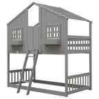 Lit superposé cabane jumeau sur jumeau avec toit, fenêtre, jardinière, porte, barrières de sécurité et échelle, gris