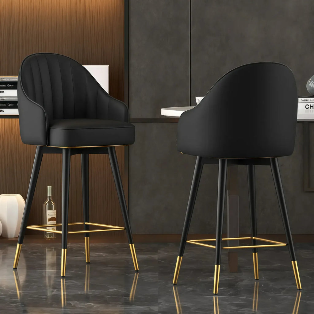 Tabouret de bar Art Déco pivotant en cuir avec dossier et assise rembourrés