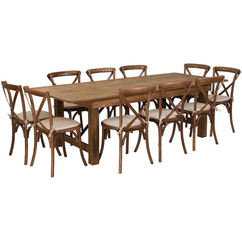 Ensemble de 10 chaises à dossier croisé et coussins avec table de ferme pliante rustique 8 x 40