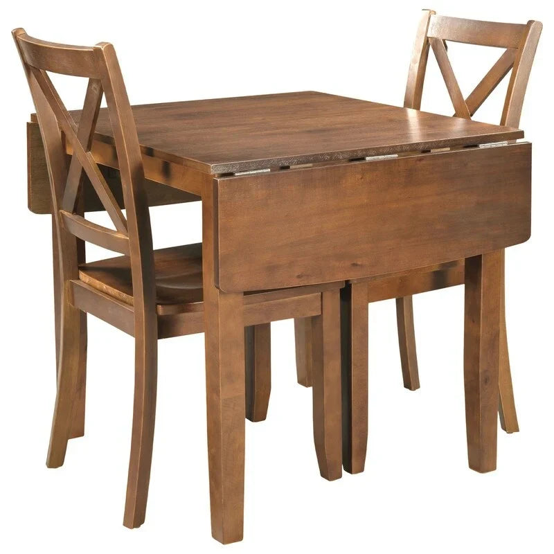 Ensemble de salle à manger 3 pièces avec table à rabats en bois et 2 chaises à dossier en X pour petits espaces