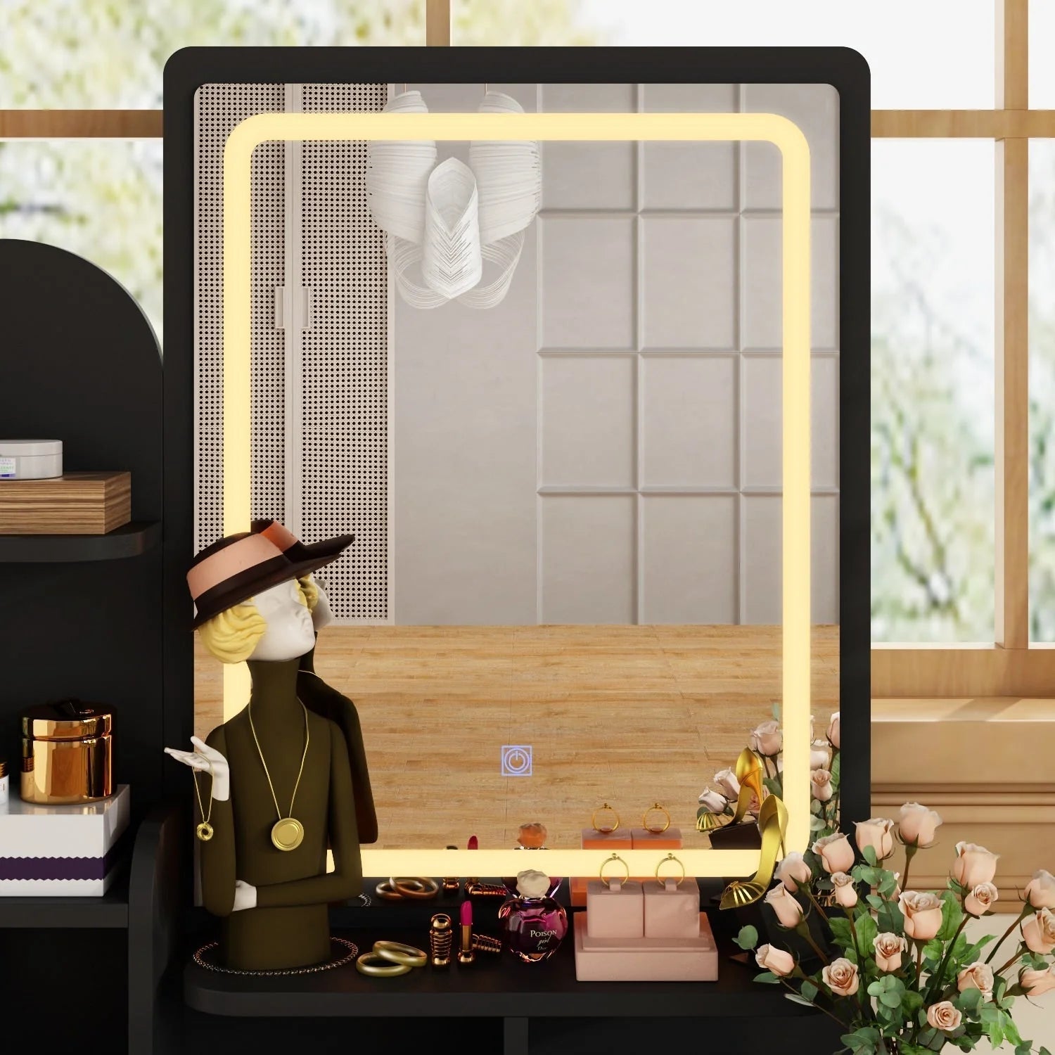 Table de Coiffeuse avec Miroir et Tabouret avec Lumières LED