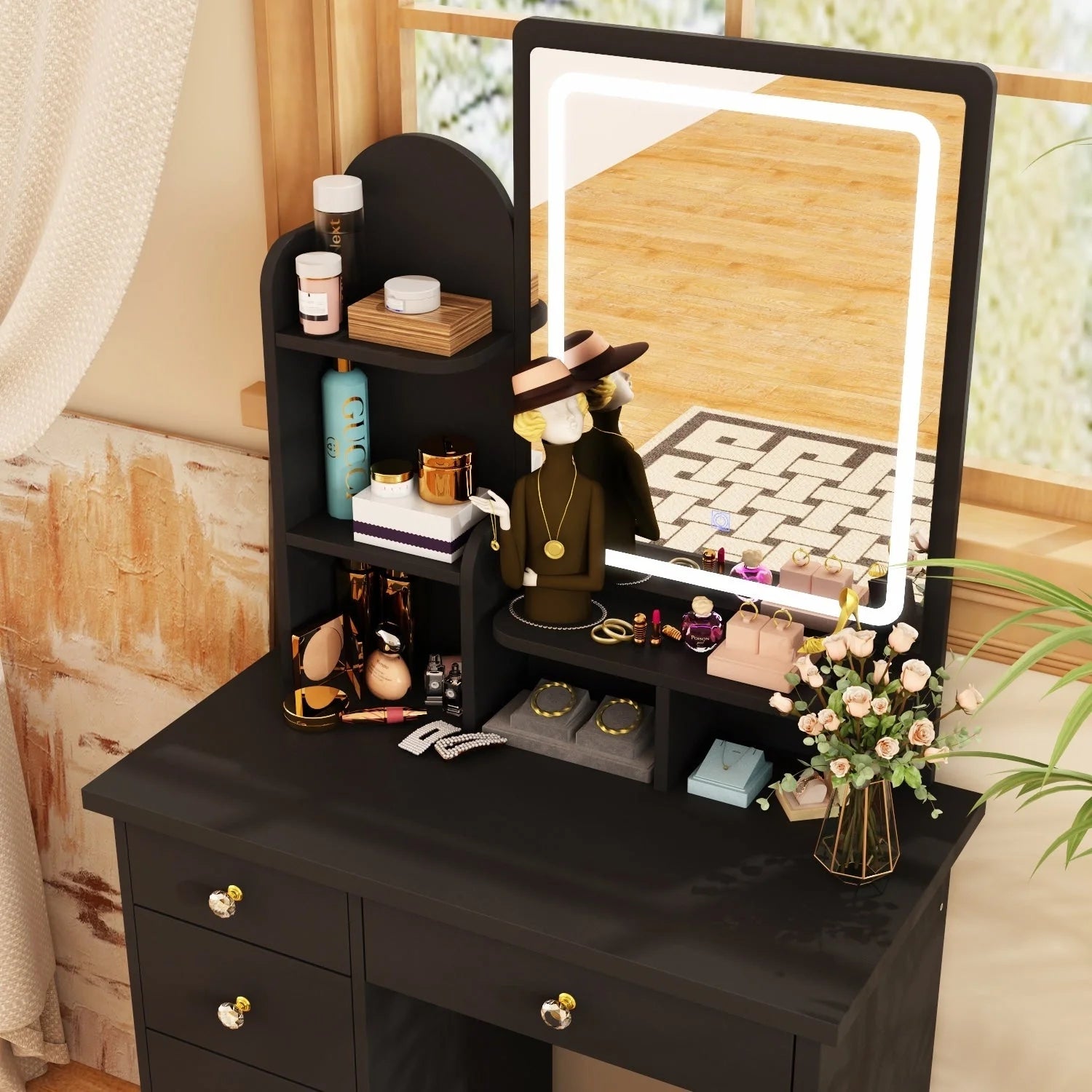 Table de Coiffeuse avec Miroir et Tabouret avec Lumières LED