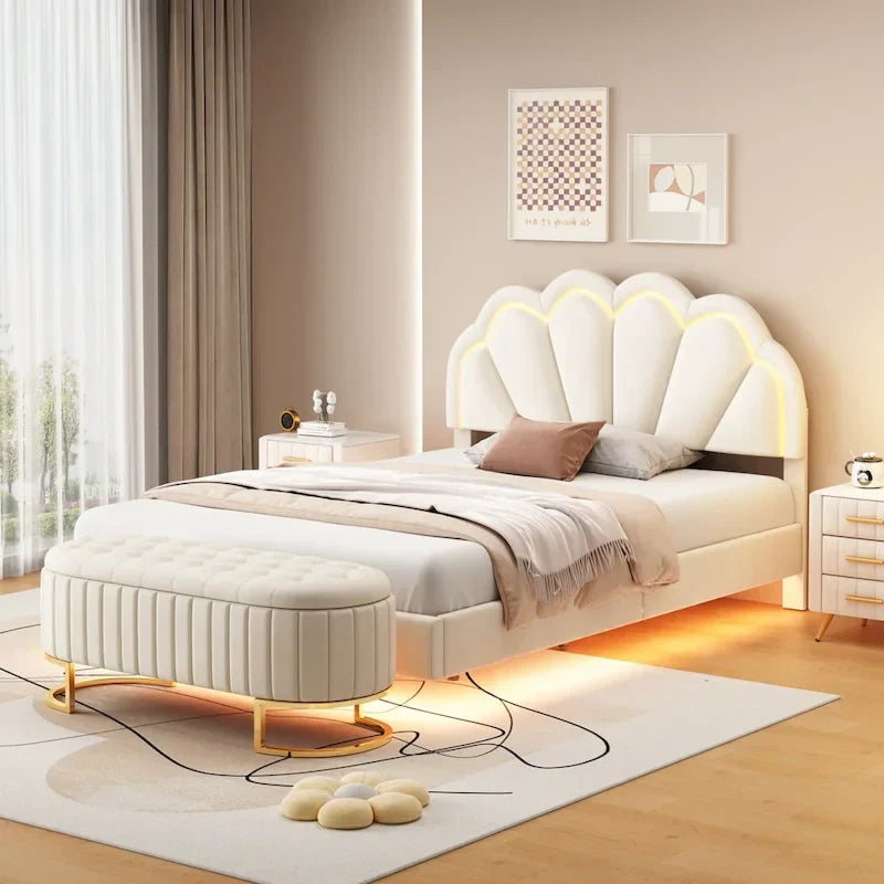 Ensembles de chambre à coucher 2 pièces – Lit plateforme double avec LED et pouf de rangement