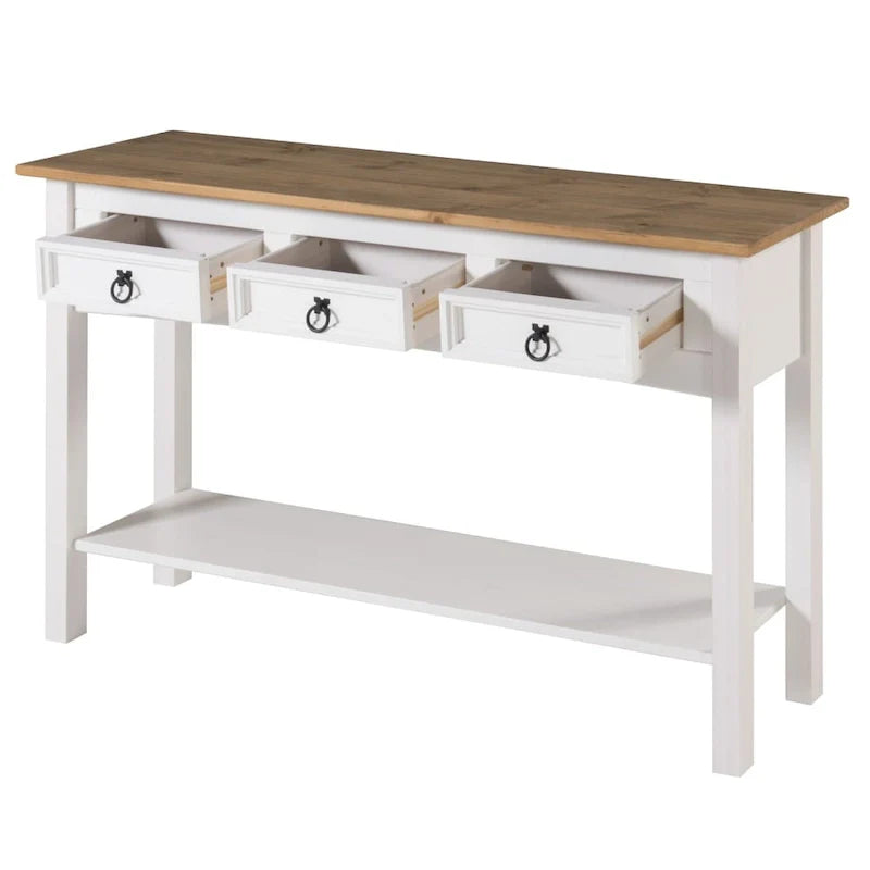 Console de couloir rustique en pin massif, blanc cérusé / marron antique / gris cérusé / non peinte, 3 tiroirs