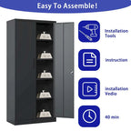 Armoire de rangement de garage en métal 72H, armoire de rangement noire en acier avec portes et 4 étagères